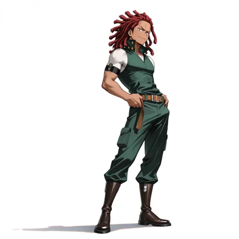 (male), (adult man), (athletic build), (dark brown skin), (orange eyes), (red hair, long dreadlock hair), (confident expression), (solo), (single character), (full body version), (white background), (no background), (highly detailed), (shadow), (standing p...