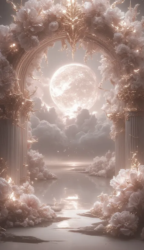 nebula,by chandra,by jwst,A breathtaking celestial archway crafted from polished cream marble and ornate gold accents, heavily adorned with voluminous, ethereal flower clusters. These flowers are a mix of soft, fluffy cream-white and delicate powder-pink, ...