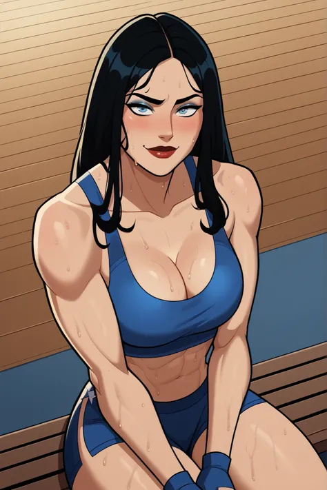  score_9, score_8_up, score_7_up, score_6_up, BREAK, solo, 1girl, wonderwoman, long hair, black hair, blue eyes, large breasts, cleavage, curvy, athletic, smile, closed mouth bedroom eyes, seductive expression, looking at viewer, seducing viewer, teasing v...