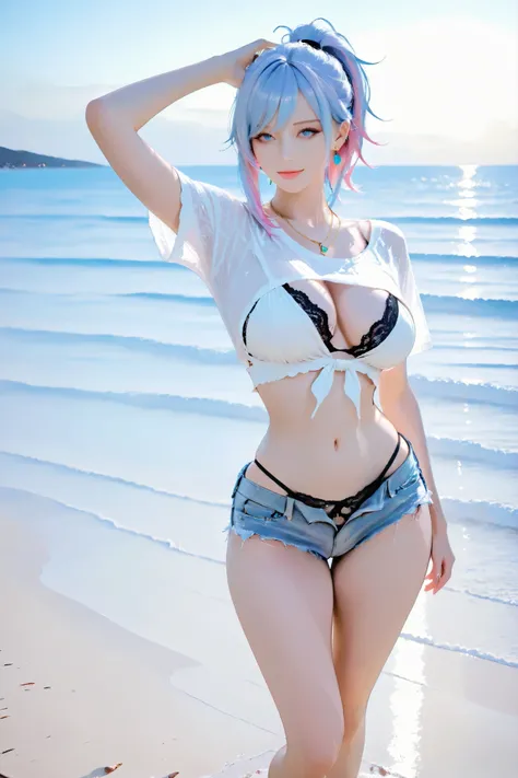 . A two-haired woman with light blue hair, Pink hair color and blue eyes, and wearing a white T-shirt shaped, saw a black lace corset and jeans shorts saw a trouser man in black lace.. , Earrings , Necklace , At the beach,  by the sea, headband,ponytail,Ho...
