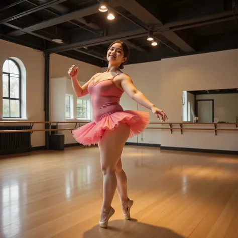 ,big breasts,detailed hands,sayaka,One obese ballerina、low angle、Perfect pointe pose、Graceful arm movement、pink tutu and tights、passionate expression、Confident Postures、flexible movement and beautiful curves、Wide々dance studio、graceful figure reflected in t...