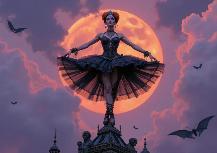 beautiful ballerina in arabesque pose on the pinnacle of a gothic tower, detailed skull makeup with encrusted jewels, transparent black mesh tutu revealing stylized silhouette, tight corset with lace details, crown made of deep orange cempasúchil flowers, ...