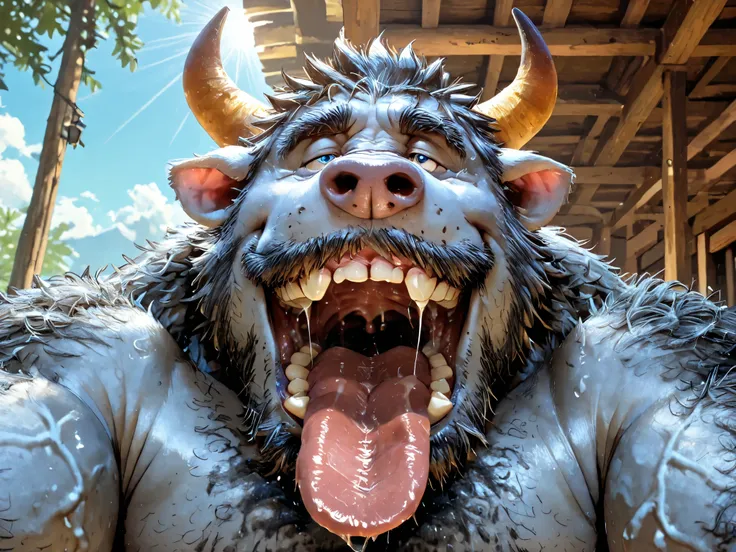 hairy, Gorilla pig, has horns，chubby,  thick arms ， strong muscles ，chubby face， Black eyebrows，sky blue eyes，beard， ironic smile ,   chest and belly  ,  ，lie down， Sunlight ,    opens its big mouth and sticks out its thick and wide tongue,  tongue with a ...