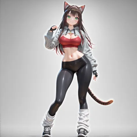 (1girl, solo, cat girl, cat ears, cat tail, brown hair, long hair, green eyes, beautiful breasts, cleavage, navel, wide hips, stylish street outfit, open gray hoodie, red top, black leggings pants, loose oversized leg warmers, street sneakers, fingerless g...
