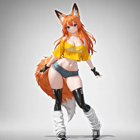 (1girl, solo, fox girl, fox ears, fox tail, orange hair, long hair, black eyes, beautiful breasts, cleavage, navel, wide hips, stylish urban outfit, off shoulder yellow shirt, micro shorts, high thigh socks, loose oversized leg warmers, sneakers, fingerles...