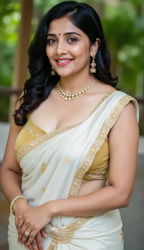 A full length photo of  malayali house wife, chubby cheecks, curly long  black hair, new innovative beautiful white and gold  designer saree and velvet  blouse,  relaxing in a nature resort in thailand,Looking at viewer, High Resolution, thick fat lips, a ...