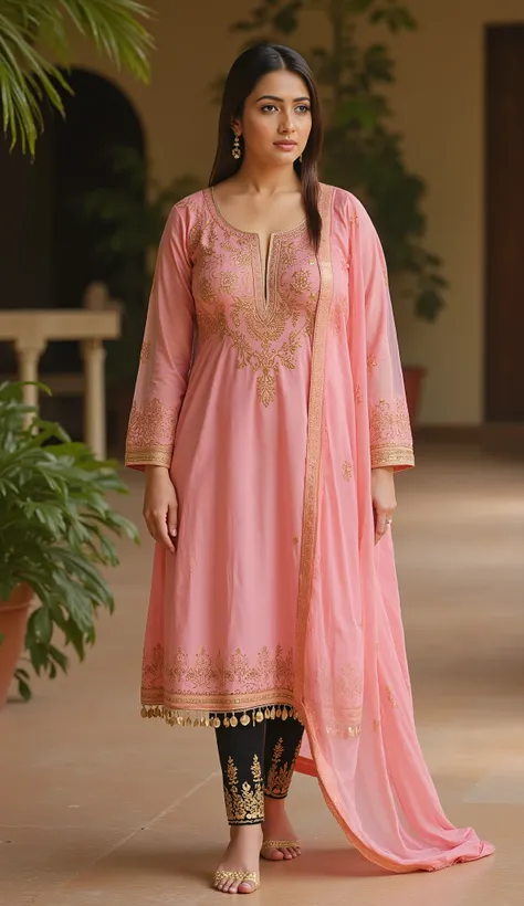 A woman wear a light pink colour woolen kurti on gold Printed design and velvet black p.js on gold print on toe side