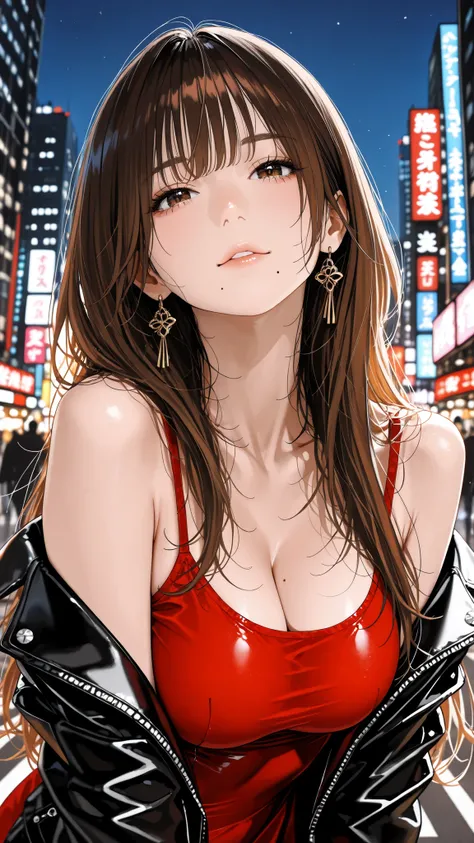 The golden ratio, Proper composition,BEAUTIFUL ILLUSTRATION, (masterpiece, detailed:1.2), maorix,score_9, score_8_up, score_7_up, score_6_up, score_5_up, 1girl, huge tit, dirty anime style, leather jacket, red one-piece dress with cloth falling off the sho...