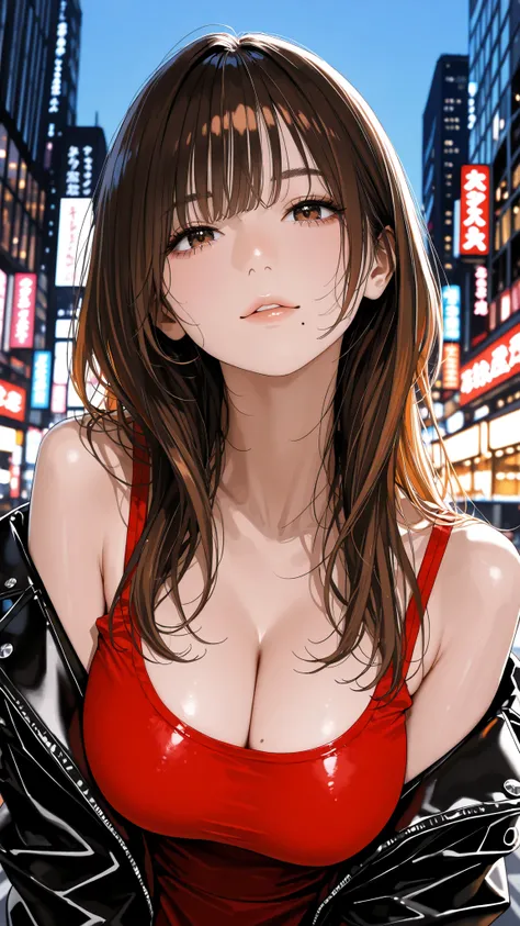 The golden ratio, Proper composition,BEAUTIFUL ILLUSTRATION, (masterpiece, detailed:1.2), maorix,score_9, score_8_up, score_7_up, score_6_up, score_5_up, 1girl, huge tit, dirty anime style, leather jacket, red one-piece dress with cloth falling off the sho...