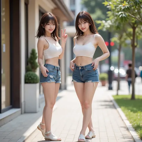 (2 girls:1.8), (   黒 hair:0.2)，((A Shining Place)), (  indoor,   bright park、on the lawn), ( Japanese showing the whole body,   standing, ((  Model Poses)), naturally widen your legs ,   walk  ), (  tall ,   細いthighs,   Long Legs ,   constricted , beautifu...