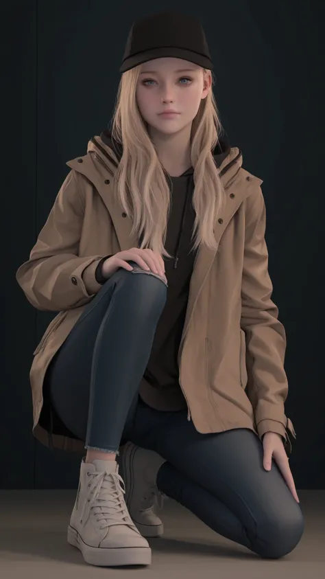 masterpiece, best quality, amazing quality, very aesthetic, absurdres, newest,   r0silf, 3d, 1girl, long hair, blonde hair, blue eyes, baseball cap, jacket, hood down, jeans, sneakers, full body, one knee, looking at viewer,