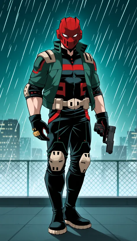 ((Highest Quality)), ((Rooftop background)), (((My Hero Academia Style))), (1male), (male), (1boy), standing, solo, athletic body, full body, slender body, serious expression, serious look, Jason Todd DC's costume, (Jason Todd DC's), full body bodysuit, bl...