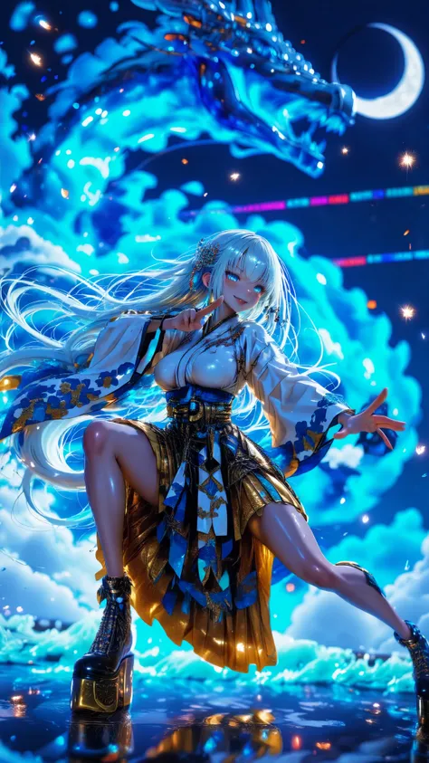 32K,Highest Quality、Maximum resolution,masterpiece,beautiful顔, shiny skin ,smiling Yang      ,favorite face ,1girl, solo, Amazing long hair, blue hair,knee-high, battle pose(  Amazing),weapons, ,cloud, Moon, and big waves , battle pose, Curved Platform Sho...