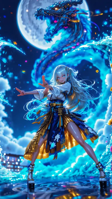 64K,Highest Quality、Maximum resolution,masterpiece,beautiful顔, shiny skin ,smiling Yang      ,favorite face ,1girl, solo, Amazing long hair, blue hair,knee-high, battle pose(  Amazing),weapons, ,cloud, Moon, and big waves , battle pose, Curved Platform Sho...