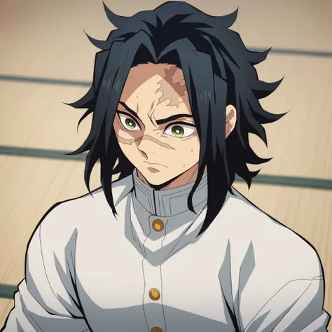anime screencap, season 4 ufotable studio, boy, black hair, shoulder-length hair, square, hair in a fluffy, the black strand, fighter uniform with a black undertone, red haori, green eyes, scar on face, weapons are black fans with patterns, reference sheet...