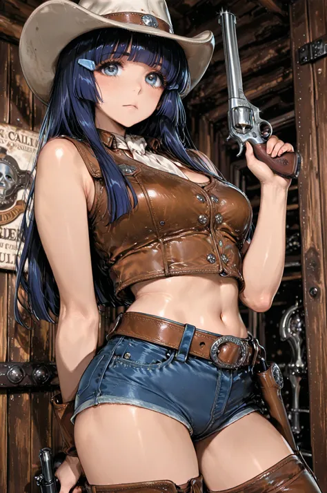 aokireika, aoki reika, long hair, blue hair, blue eyes,(masterpiece:1.3), 8K, best quality, ultra high resolution, (1 girl), 
sexy female cowgirl, sexy cowboy costume, cowboy hat,  leather vest , Denim Shorts, Leather Western Boots, Gunbelt, used Colt revo...