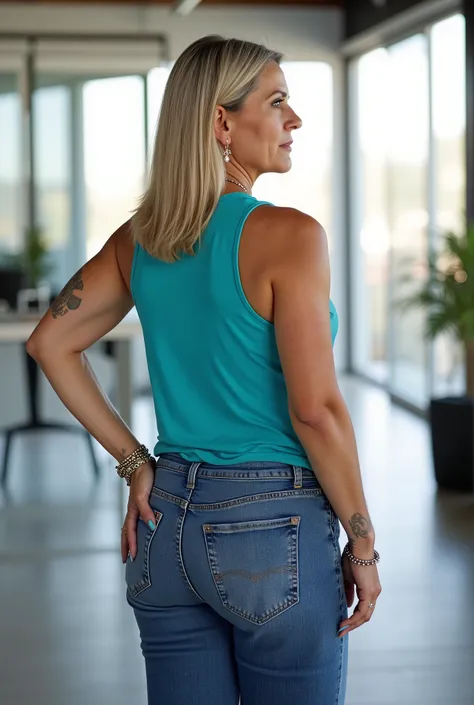 Ultra-realistic full-body rear shot portrait of a mature European woman in her late 50s, visual focus on buttocks, standing confidently in a bright modern loft with wide glass windows and soft natural daylight, facing away from the viewer. She has a natura...