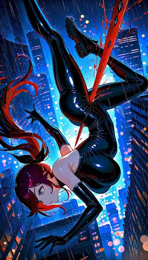 Milf , mature , saggy breasts ,Big breasts, thin, stoic, black latex suit, bare shoulders, tight , gray eyes, hair ribbons, long hair, , swept bangs,Dark red hair,(masterpiece, best quality, ultra detail),(((body is completely floating))),((Flying in the a...