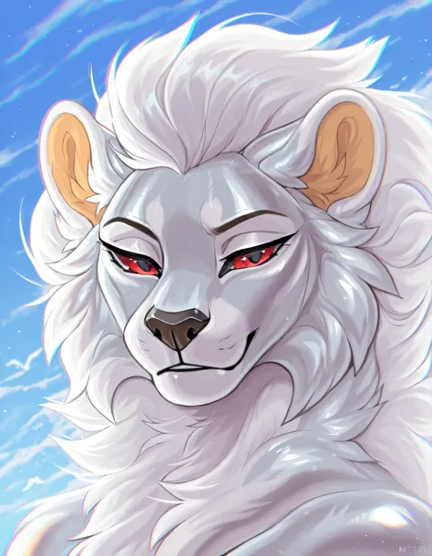 chrome fur, chrome body, metalic fur, transparent lion, close up ,furry anthro, exuding heat, heatwaves, detailed eyes, chromatic aberration, white ears, red eyes