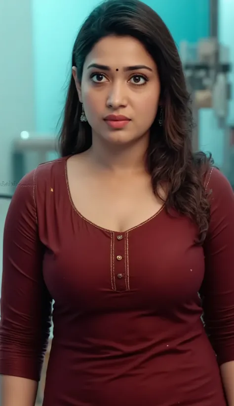 Indian curvy maturre milf Bhabhi. Sexy chubby women. Wearing dark maroon perfect fit tight full sleeve side cut kurti with dark green leaf patterns desiign.   Same colour loose fit  cotton  leggings. Thight hot butt visible. Tight round 38d breasts. Huge c...