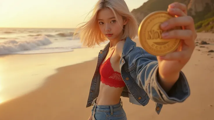 Photorealistic 8K resolution over-the-shoulder view of a 16-17-year-old Japanese girl with a blonde bob haircut, brown almond eyes, and a bright, playful, mischievous smile, glancing back over her shoulder while holding a golden coin engraved with "NOVA" u...