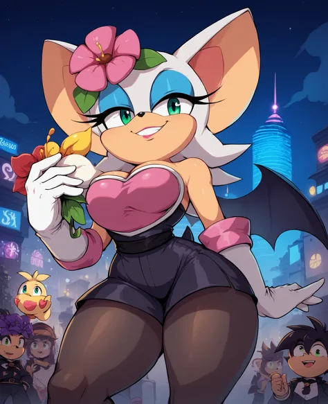 Rouge the bat hairy woman ,Alone ,point_ warning _chica, short hair,black sash,white gloves,flower, hair ornament, green eyes,senos medianos , black tights , big thighs,,serafuku, short skirt ,falda rosa, smile,watching the spectator alone in the city,(Sha...