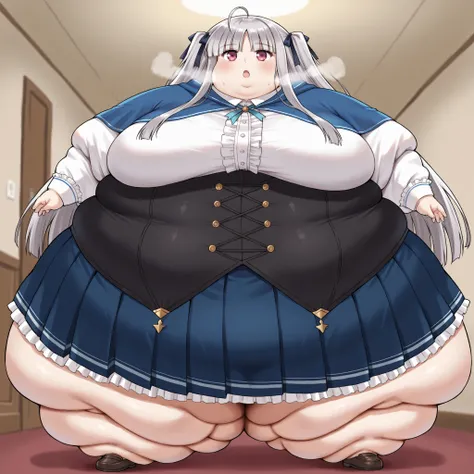 Julie Sigtuna,ahoge,very long hair,grey hair,black hair ribbon,two side up,sidelocks,blunt bangs,fuchsia eyes,blue capelet,neck ribbon,blue ribbon,white shirt,center frills,long sleeves,black corset,buttons,blue skirt,pleated skirt,frills, fat, chubby, obe...