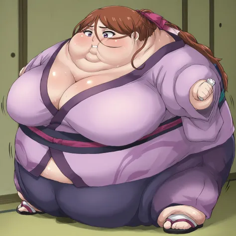  kenshinsatsuki, purple eyes, brown hair, hair between eyes, hair ribbon, long hair, ponytail BREAK
purple kimono, blue sweatpants, sandals, ,  fat, chubby, obese, gigantic arms and legs, large breasts, sweating, wet body, swollen face, Fat_neck , Fat head...