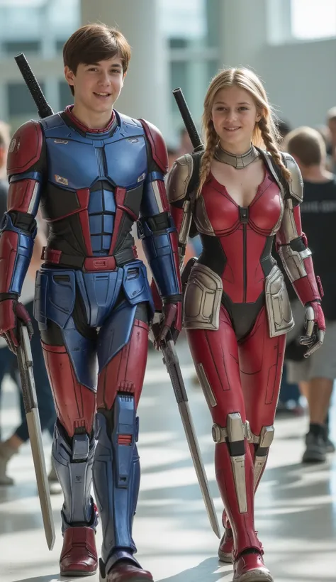character: 1 teenager boy brown hair Wearing futuristic red robot Deadpool body suit with blue silver  armor gundam white accents,  and 1 teenager girl with  blonde hair with two braids Wearing futuristic red robot Deadpool body suit with gold silver armor...