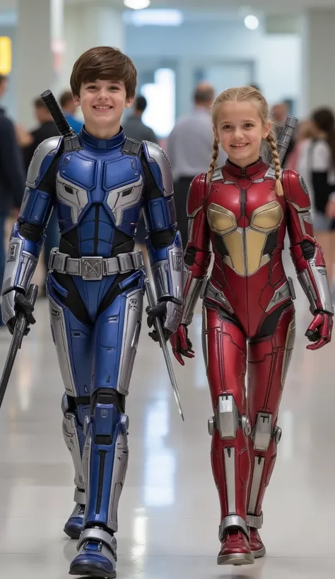 character: 1 preteen boy brown hair Wearing futuristic red robot Deadpool body suit with blue silver  armor gundam white accents,  and 1 preteen girl with  blonde hair with two braids Wearing futuristic red robot Deadpool body suit with gold silver armor g...