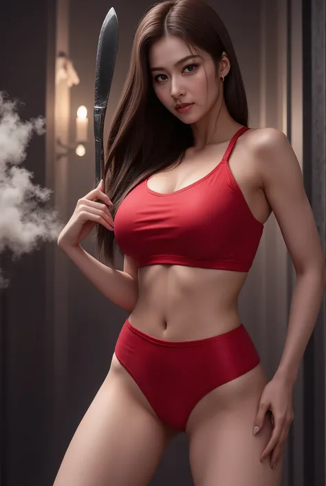 sana twice, huge tits, red sports bra, holding knife, hyper realistic, ultra detailed, highly detailed face, intense gaze, focused expression, dynamic pose, dramatic lighting, cinematic setting, moody atmosphere, rich color palette, volumetric fog,4K,8K,HD...