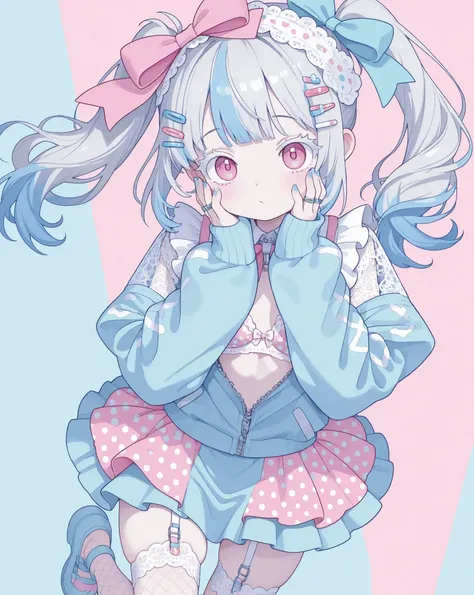 masterpiece, highest quality, 8k uhd, 1 girl, yami kawaii, anime style, cowboy shot、from above
dynamic jumping motion, legs lifted, feet not touching the ground, cute,cute,cute,

baby blue hair, Ponytail hairstyle,silver hair clips, white eyelashes, blue a...