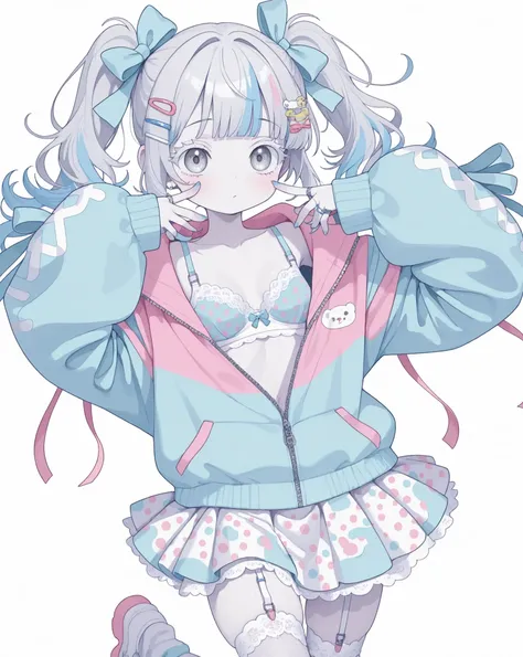 masterpiece, highest quality, 8k uhd, 1 girl, yami kawaii, anime style, cowboy shot、from above
dynamic jumping motion, legs lifted, feet not touching the ground, cute,cute,cute,

baby blue hair, Ponytail hairstyle,silver hair clips, white eyelashes, deep g...