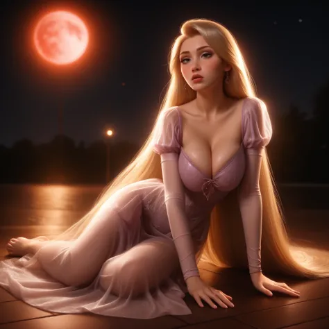 rapunzel, sexy, cleavage big breast, saggy breast, see through dress, lay, legs, on floor, night, stunning red moon, red lighting effect