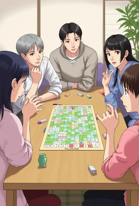 A 50-year-old man, a 40-year-old man, a 30-year-old man, a 20-year-old woman, and a 30-year-old woman, all Japanese, are happily playing board games. The design resembles Japanese anime.
