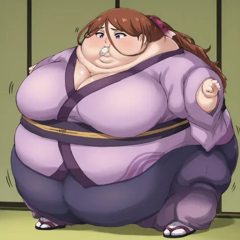  kenshinsatsuki, purple eyes, brown hair, hair between eyes, hair ribbon, long hair, ponytail BREAK
purple kimono, blue sweatpants, sandals, ,  fat, chubby, obese, gigantic arms and legs, large breasts, sweating, wet body, swollen face, Fat_neck , Fat head...