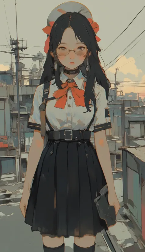 There is a woman in a black and white dress with a red bow, Yoshitomo Nara, weaAlsog headmistress uniform, seifuku, Kojima Ayami Amano , Also, Enoshima Junko, Chiho, Asuka, Sakimi-chan, Rumiko, With glasses, Kojima Shrine, JK uniform
