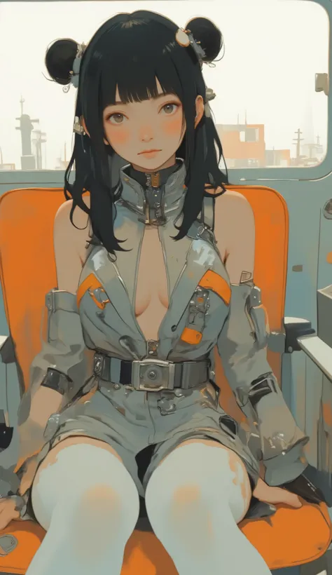 A young woman sitting in an orange chair、she can be seen wearing an outfit that fits her body perfectly, which seems to have been inspired by athletic competitions and futuristic themes, Mainly grey,、with contrasting white and orange accents. The costume h...