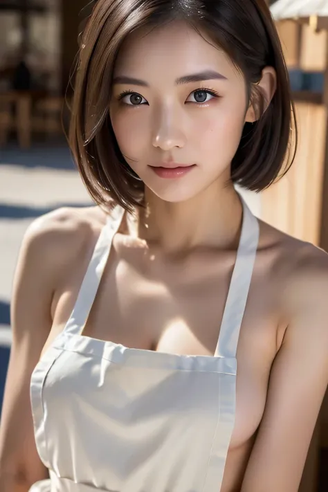 ((Highest Quality, 8k, masterpiece: 1.3)),  1 beautiful Japanese girl, beautiful women with slender abs: 1.3, (medium short hair, big: 1.2), (white naked apron: 1.3), Ultra Detailed Face, detailed eyes, double eyelids, Cafe Background, lean forward, put yo...
