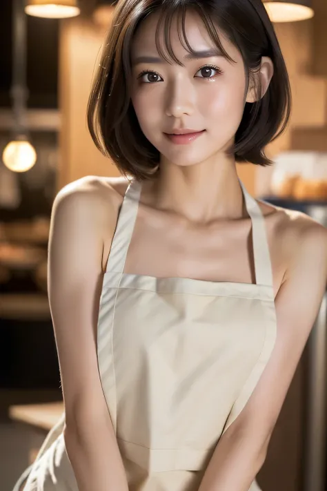 ((Highest Quality, 8k, masterpiece: 1.3)),  1 beautiful Japanese woman, beautiful woman with slender abs: 1.3, (medium short hair, big: 1.2), (white naked apron: 1.3), Ultra Detailed Face, detailed eyes, double eyelids, cafe background, lean forward, place...