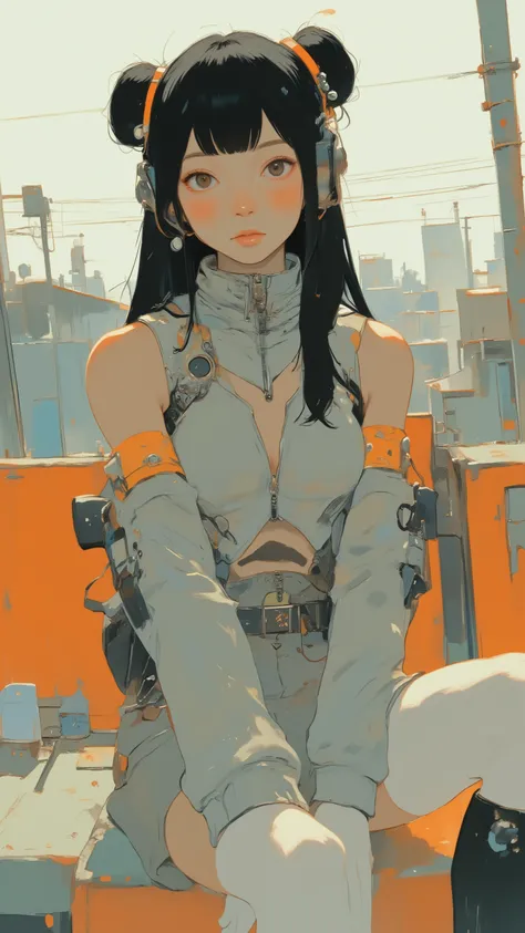 A young woman sitting in an orange chair、she can be seen wearing an outfit that fits her body perfectly, which seems to have been inspired by athletic competitions and futuristic themes, Mainly grey,、with contrasting white and orange accents. The costume h...