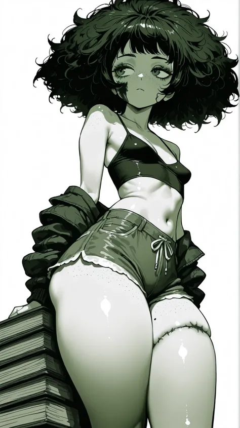 Sexy, (fluffy big hair), messy hair, burn on face, exposed jaw, mole on inner thigh, freckles, white background, small breasts, simple background, low angle,, bare shoulders, cleavage, shiny skin, (violet, dark green theme), 1 girl, ((wearing shorts)), thi...