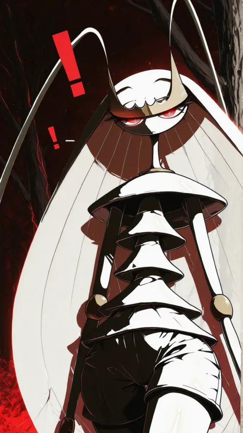 ((Pheromosa from Pokemon)), White Body,white misty forest Background,Wide Hips, Thin Waist, Very Thin Waist, ((Wasp Waist)), Solo, vibrant colors, cel shading, Simplistic Art Style, solo, (red single exclamation mark:1.5),((glowing red eyes:1.4)),(oyabun),...