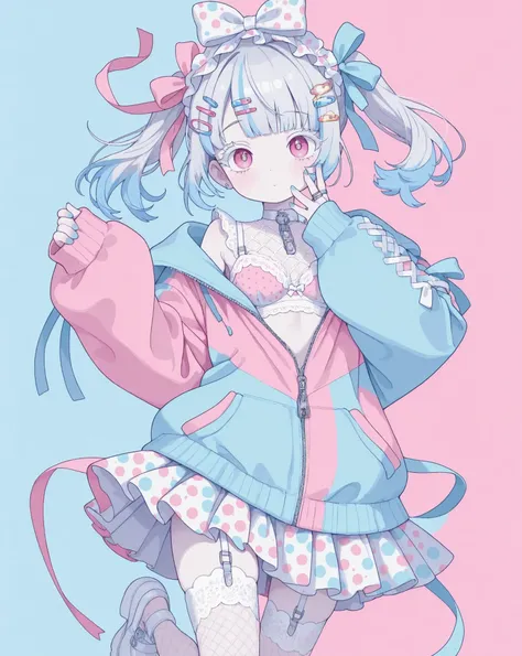 masterpiece, highest quality, 8k uhd, 1 girl, yami kawaii, anime style, cowboy shot、from above
dynamic jumping motion, legs lifted, feet not touching the ground, cute,cute,cute,

baby blue hair, Ponytail hairstyle,silver hair clips, white eyelashes, blue a...