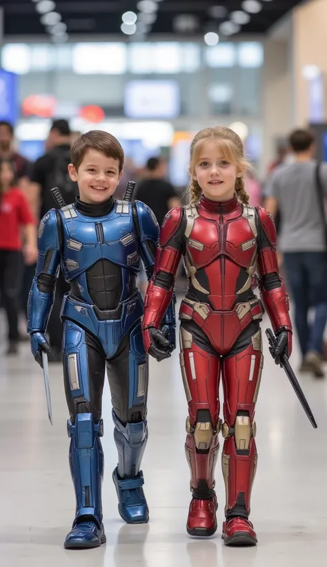 character: 1 toddler boy brown hair Wearing futuristic red robot Deadpool body suit with blue silver  armor gundam white accents,  and 1 toddler girl with  blonde hair with two braids Wearing futuristic red robot Deadpool body suit with gold silver armor g...