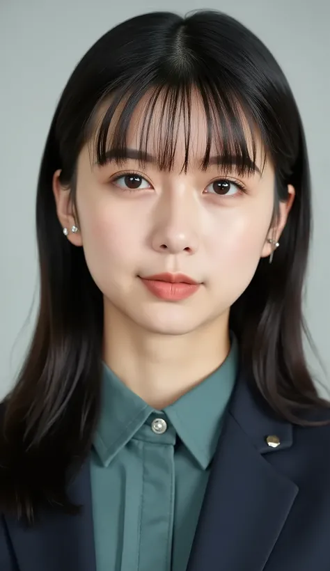 Neat Young Woman、looking at the camera、office lady suit、jacket、shirt、耳にピアス、、無表情、、face close-up、The background is office
