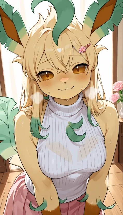 best quality,best resolution,solo,(leafeon :1.2),(long hair :1.3),(crossed bangs :1.3),pokemon,furry,anthro,medium breasts,aesthetic fur,intricated fur,fluffy messy fur,pink skirt,white sleeveless turtle neck shirt,pink flower hairclip,beautiful living roo...