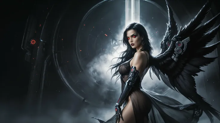 Realistic image, photorealistic, high quality, realistic,
(Image of a lone angel with a curvaceous body and large black wings), shot from mid-thigh,
Head: Nicole Kidman's face, long hair, makeup, dark eyeliner, red eyes, glowing eyes, defined facial contou...