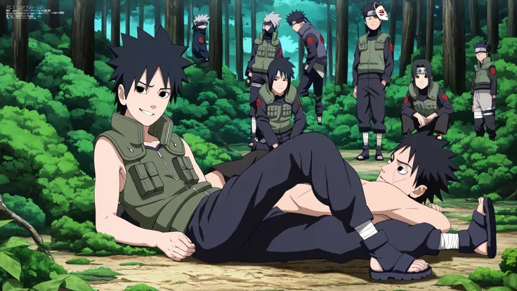 1boy,(Wearing a white Kabuki mask), anime characters in green vests and black pants lying on the floor in a forest, itatchi uchiha, kakashi hatake, kakashi, sasuke uchiha, choke smirk smile grin, itachi uchiha, itachi, detailed anime, highley detailled fac...