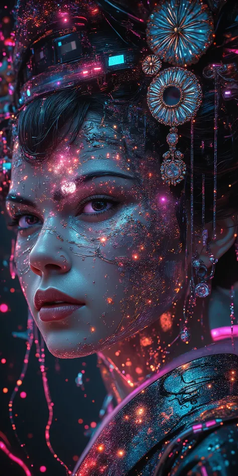 Envision a dramatic close-up of a digital geisha whose face is dissolving into a stream of binary code and fragmented data. Her eyes flicker with neon light, and her traditional kimono is overlaid with circuit board patterns. The background is a swirling v...